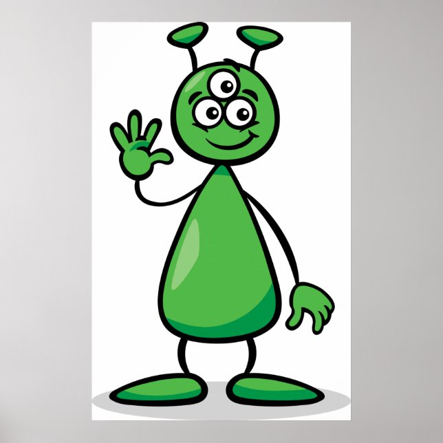 Three-Eyed Green Alien Martian Cartoon Poster (Front)