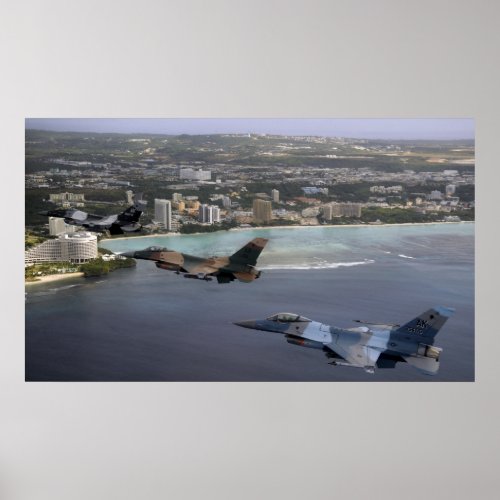 Three F_16 Fighting Falcons fly in formation Poster
