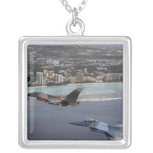 Three F_16 Fighting Falcons fly in formation Silver Plated Necklace