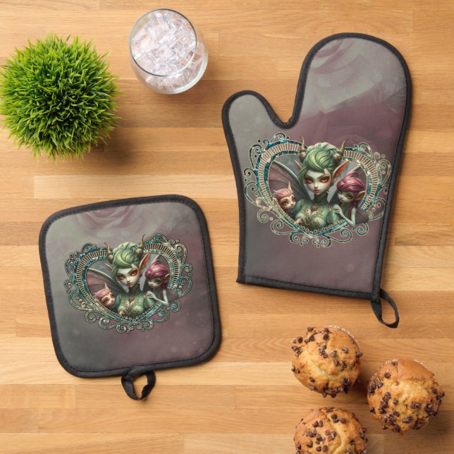 Three fairies, the companions of the magic heart.  oven mitt & pot holder set (Top Down)