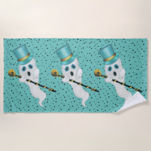Three Fancy Ghosts in Tops Hat Canes Black Stars Beach Towel