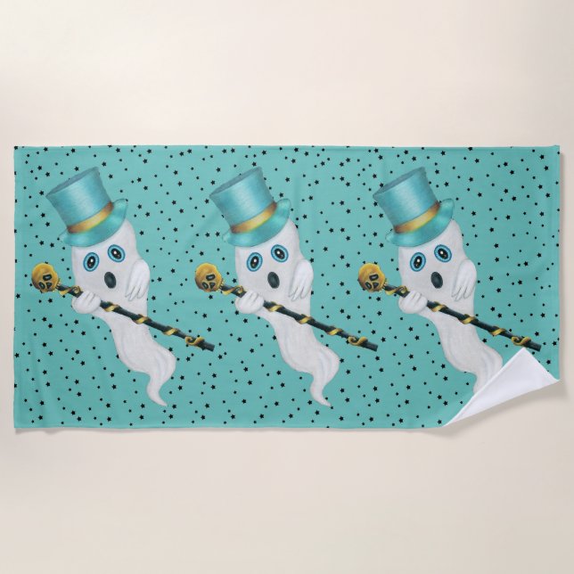 Three Fancy Ghosts in Tops Hat Canes Black Stars Beach Towel (Front)