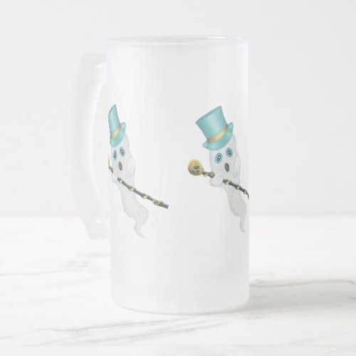 Three Fancy Ghosts Top Hats Holding Skull Canes Frosted Glass Beer Mug