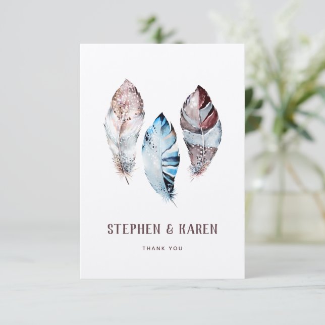Three Feathers Elegant Wedding Watercolor Thank You Card (Standing Front)