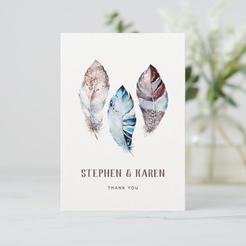 Three Feathers Elegant Wedding Watercolor Thank You Card