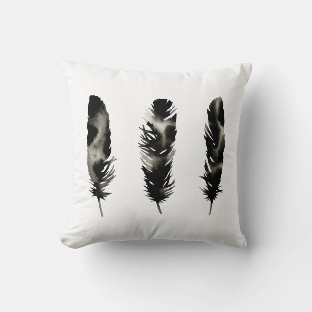 Three Feathers . Modern . Silhouette . Black White Throw Pillow (Front)