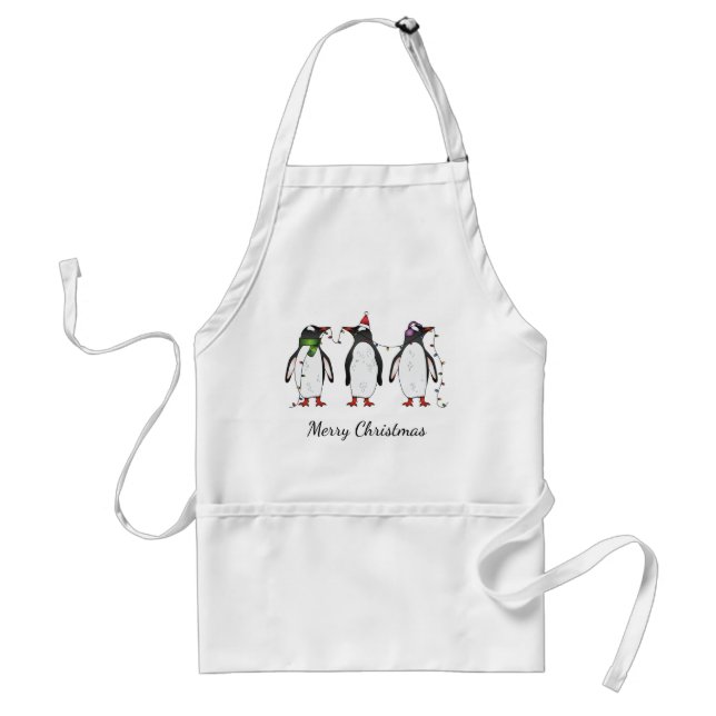 Three Festive Christmas Penguins Illustration Adult Apron (Front)