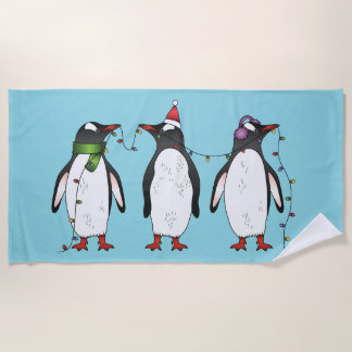 Three Festive Christmas Penguins Illustration Beach Towel