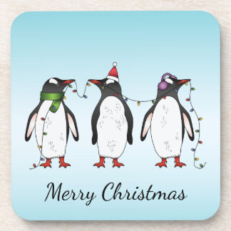 Three Festive Christmas Penguins Illustration Beverage Coaster