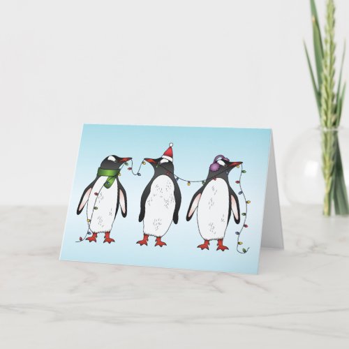 Three Festive Christmas Penguins Illustration Holiday Card