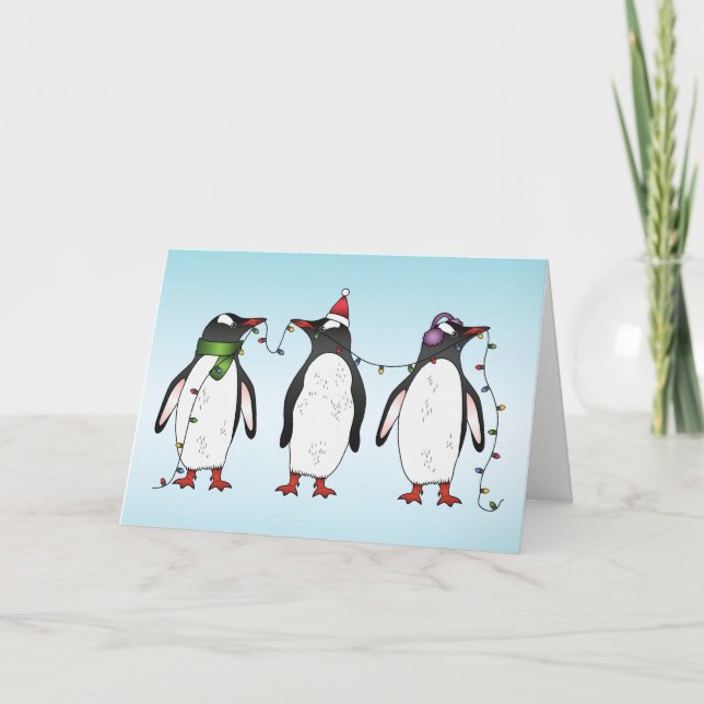 Three Festive Christmas Penguins Illustration Holiday Card (Front)