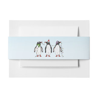Three Festive Christmas Penguins Illustration Invitation Belly Band