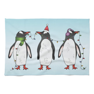 Three Festive Christmas Penguins Illustration Kitchen Towel