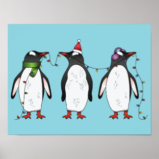 Three Festive Christmas Penguins Illustration Poster