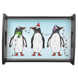 Three Festive Christmas Penguins Illustration Serving Tray