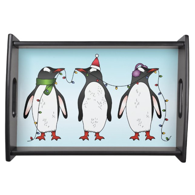 Three Festive Christmas Penguins Illustration Serving Tray (Front)