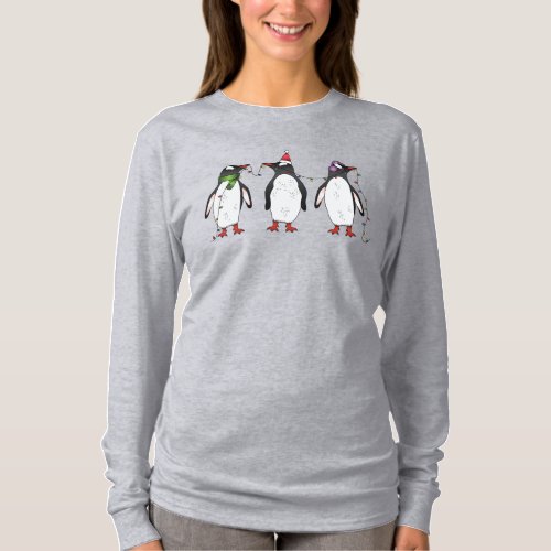 Three Festive Christmas Penguins Illustration T_Shirt