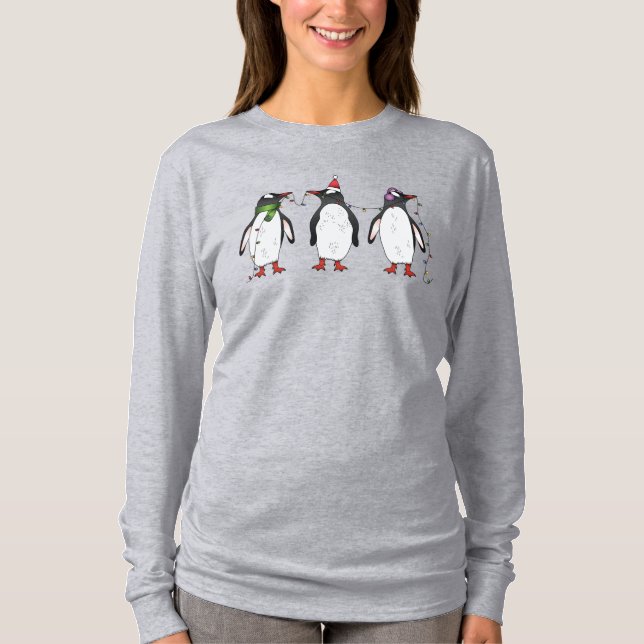 Three Festive Christmas Penguins Illustration T-Shirt (Front)