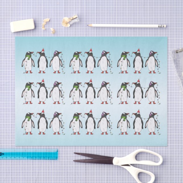 Three Festive Christmas Penguins Illustration Tissue Paper (Craft)