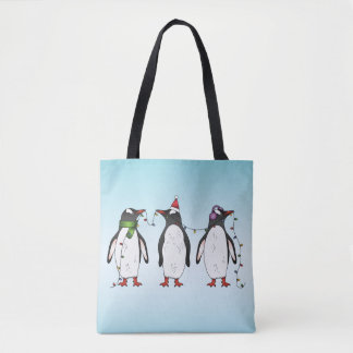 Three Festive Christmas Penguins Illustration Tote Bag