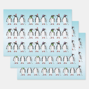 Three Festive Christmas Penguins Illustration Wrapping Paper Sheets