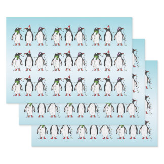 Three Festive Christmas Penguins Illustration Wrapping Paper Sheets