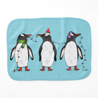 Three Festive Christmas Penguins On Light Blue Baby Burp Cloth