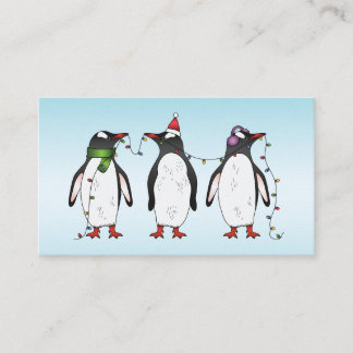 Three Festive Christmas Penguins On Light Blue Business Card