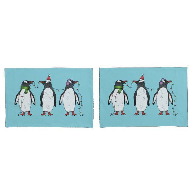 Three Festive Christmas Penguins On Light Blue Pillow Case (Front-Set)