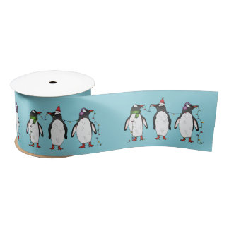 Three Festive Christmas Penguins On Light Blue Satin Ribbon