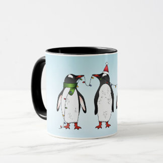 Three Festive Christmas Penguins With Custom Name Mug