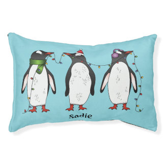 Three Festive Christmas Penguins With Custom Name Pet Bed