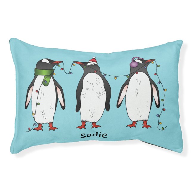 Three Festive Christmas Penguins With Custom Name Pet Bed (Front)