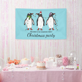 Three Festive Christmas Penguins With Custom Text Banner
