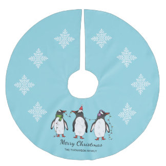 Three Festive Christmas Penguins With Custom Text Brushed Polyester Tree Skirt