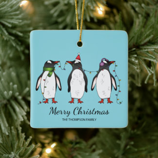 Three Festive Christmas Penguins With Custom Text Ceramic Ornament