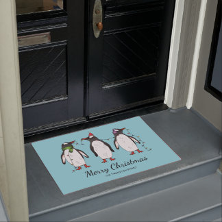 Three Festive Christmas Penguins With Custom Text Doormat