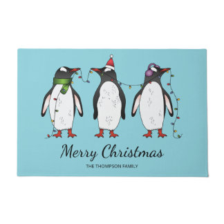 Three Festive Christmas Penguins With Custom Text Doormat