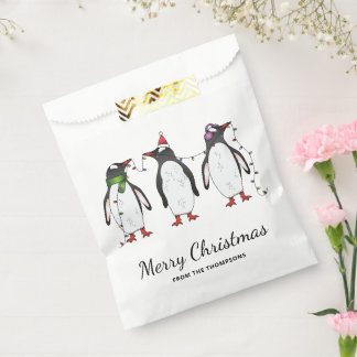 Three Festive Christmas Penguins With Custom Text Favor Bag