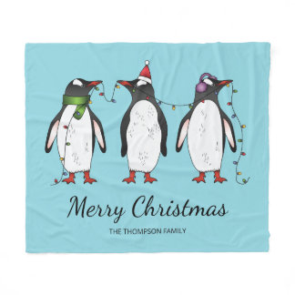 Three Festive Christmas Penguins With Custom Text Fleece Blanket