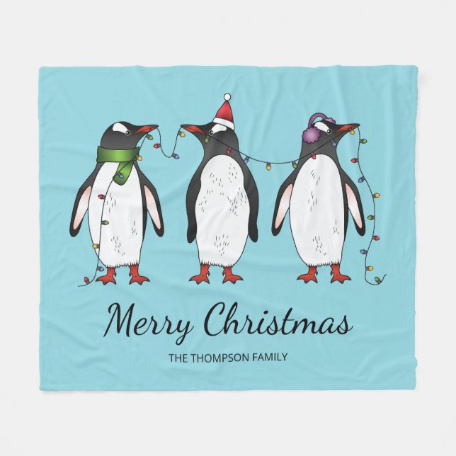 Three Festive Christmas Penguins With Custom Text Fleece Blanket (Front (Horizontal))