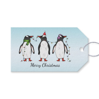 Three Festive Christmas Penguins With Custom Text Gift Tags