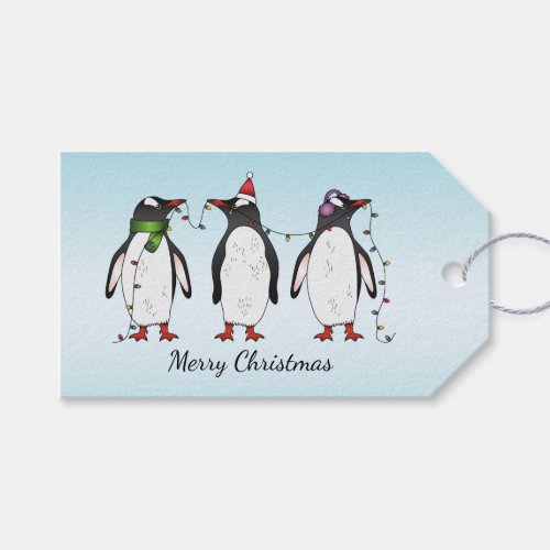 Three Festive Christmas Penguins With Custom Text Gift Tags