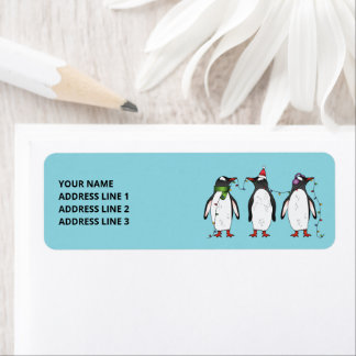 Three Festive Christmas Penguins With Custom Text Label