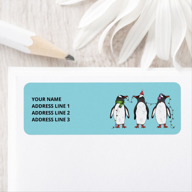 Three Festive Christmas Penguins With Custom Text Label (Insitu)
