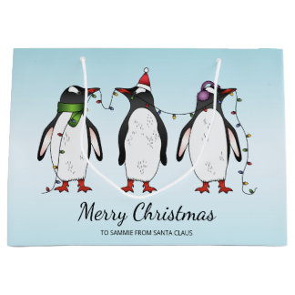 Three Festive Christmas Penguins With Custom Text Large Gift Bag