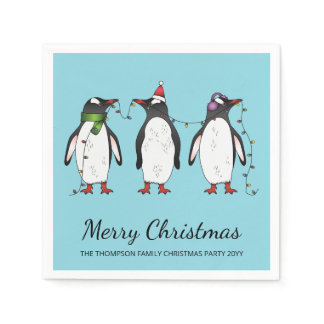 Three Festive Christmas Penguins With Custom Text Napkins