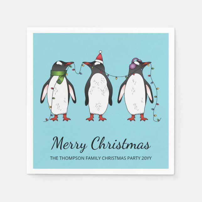Three Festive Christmas Penguins With Custom Text Napkins (Front)