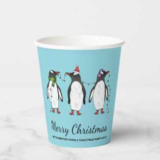Three Festive Christmas Penguins With Custom Text Paper Cups