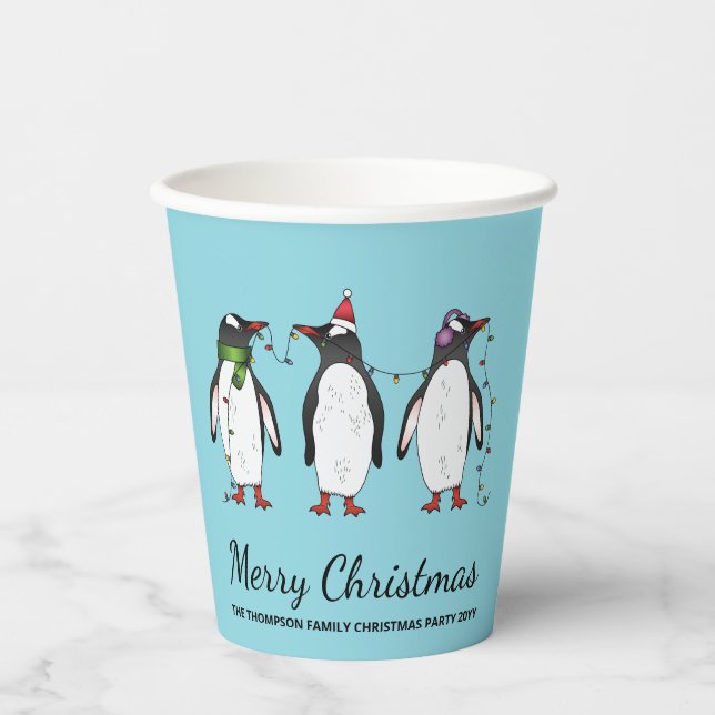 Three Festive Christmas Penguins With Custom Text Paper Cups (Front)